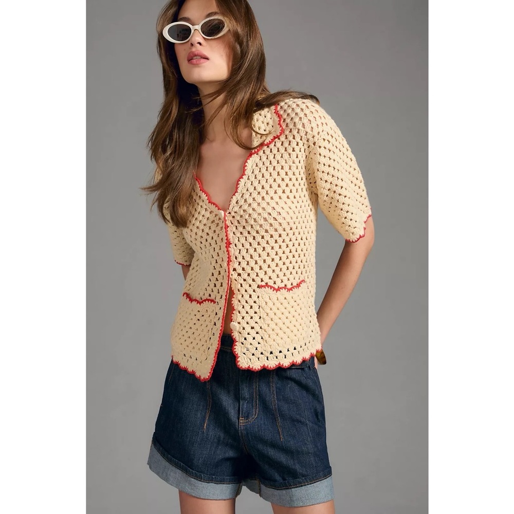 Anthropologie Cream and Red Crochet Cardigan